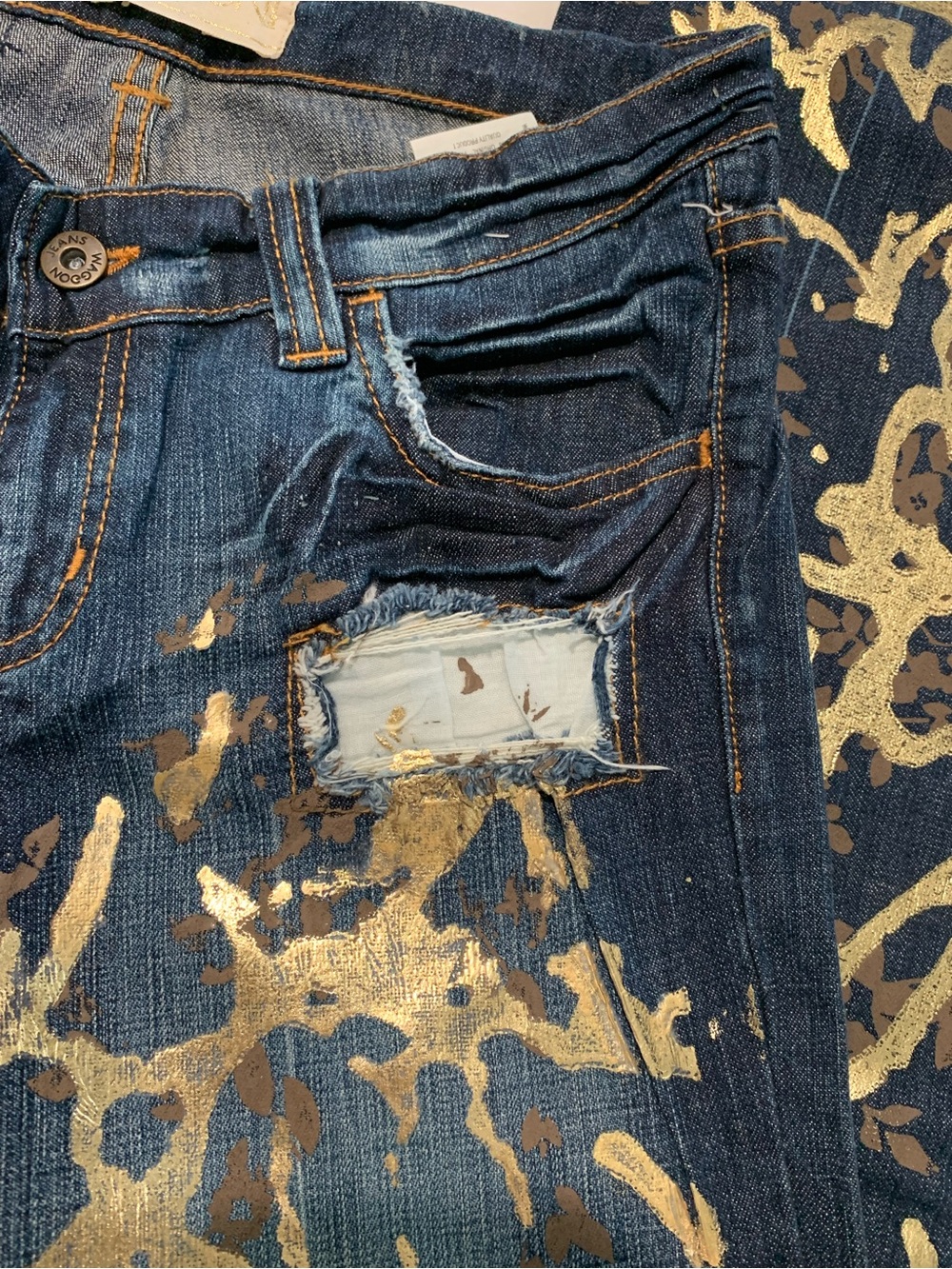 NWOT Waggon Paris Y2K Gilded Metallic Gold Paint Distressed Jeans, VTG Grunge 28 - Picture 4 of 16
